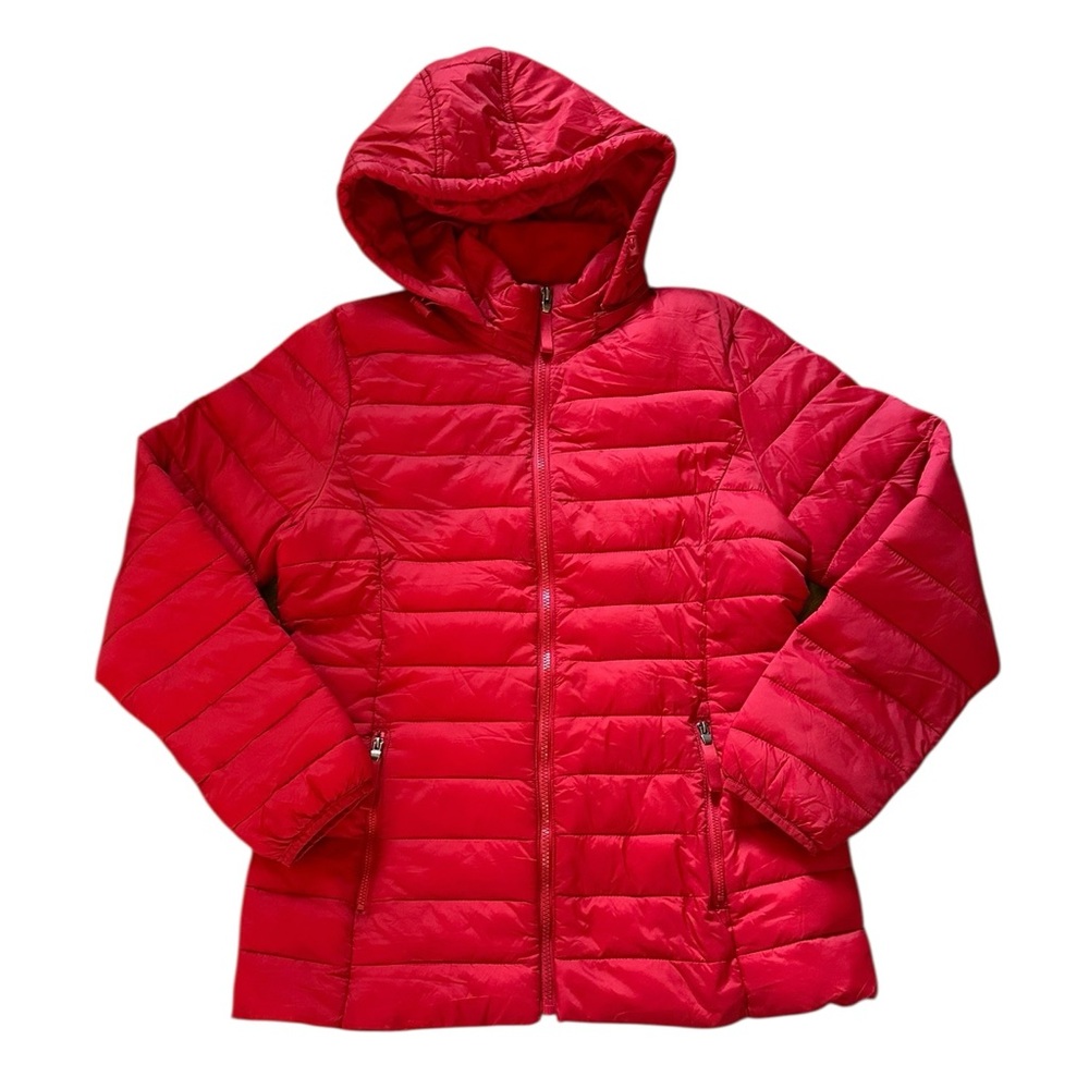 ST. JOHNS BAY red packable puffer jacket w/ removable hood size Medium - NWOT!